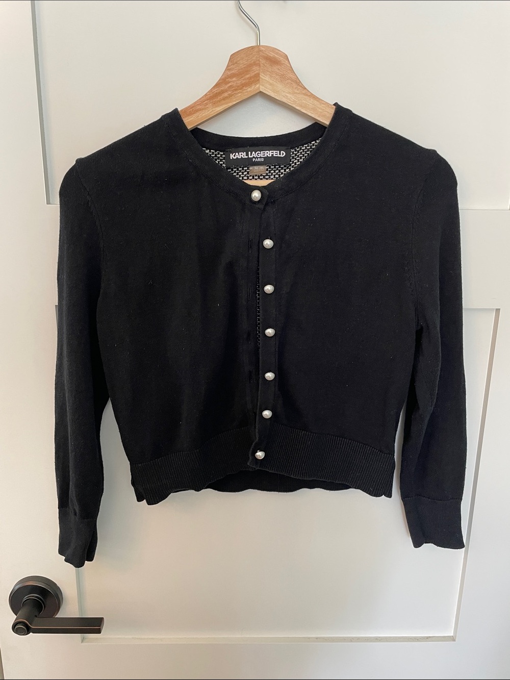 Karl Lagerfeld Black Pearl-Button Cropped Cardigan